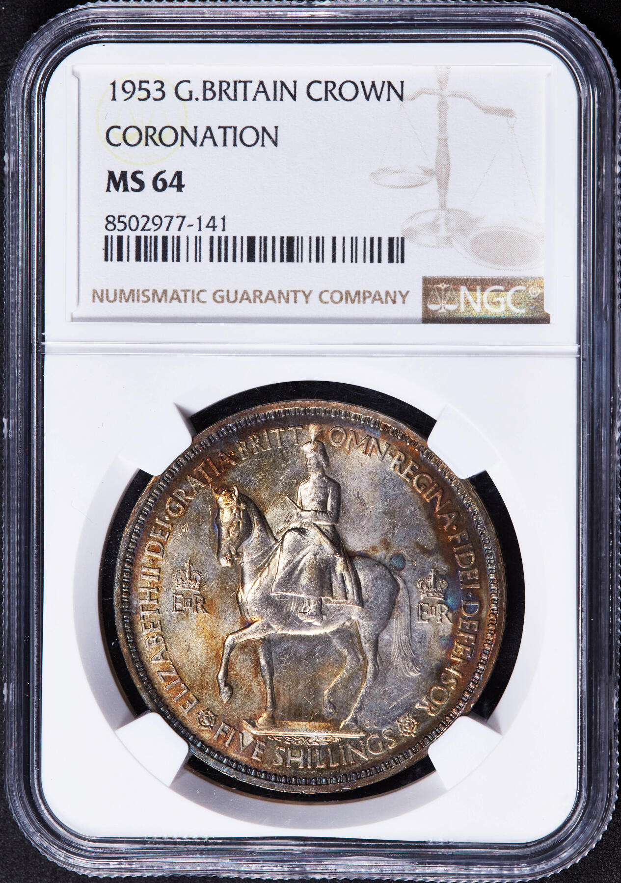 【俄甄集藏】2025年(044)11-12星期三晚 19:30 全场包邮 英国1953年伊丽莎白二世加冕1克朗纪念币，NGC MS64，五彩包浆
