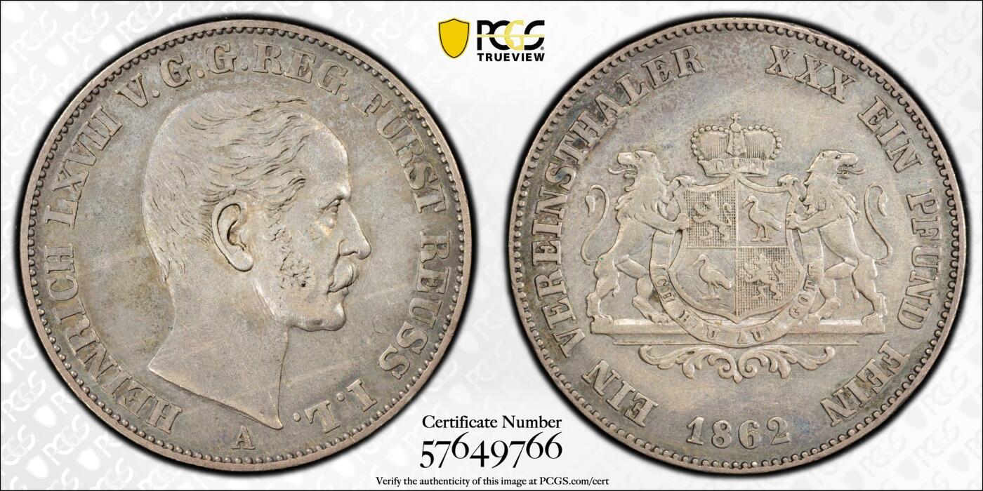 博洋堂世界钱币拍卖第144期（全场包邮） PCGS XF45 1862年德国罗伊斯-施莱茨流通1泰勒，极为罕见的德国小邦品种，麦稀奇首见品种，PCGS一共也只有5枚记录可见其珍稀程度。原味包浆状态极其出色，欧洲这个品种xf裸币基本都要300欧往上了，国内出分现货非常难得