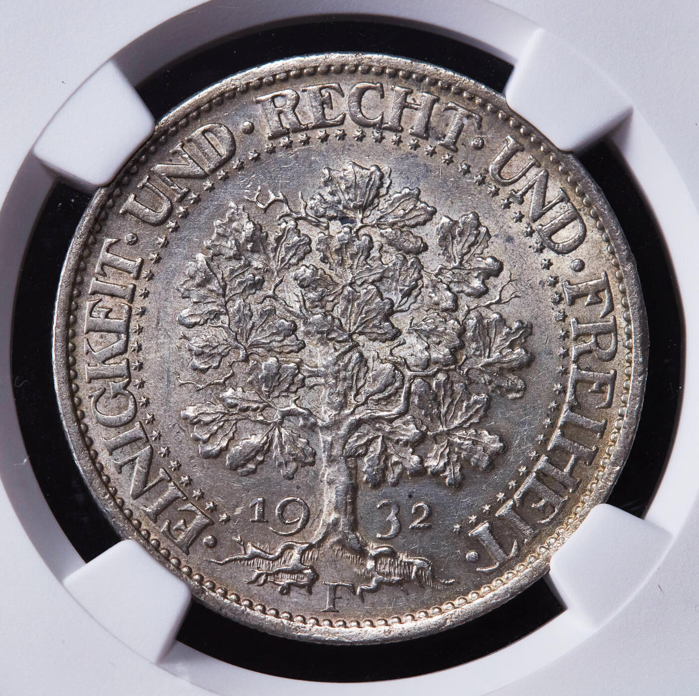 【俄甄集藏】2025年(044)11-12星期三晚 19:30 全场包邮 德国魏玛1932年F版橡树5马克大银币，NGC MS63，黄油包浆，原光品相