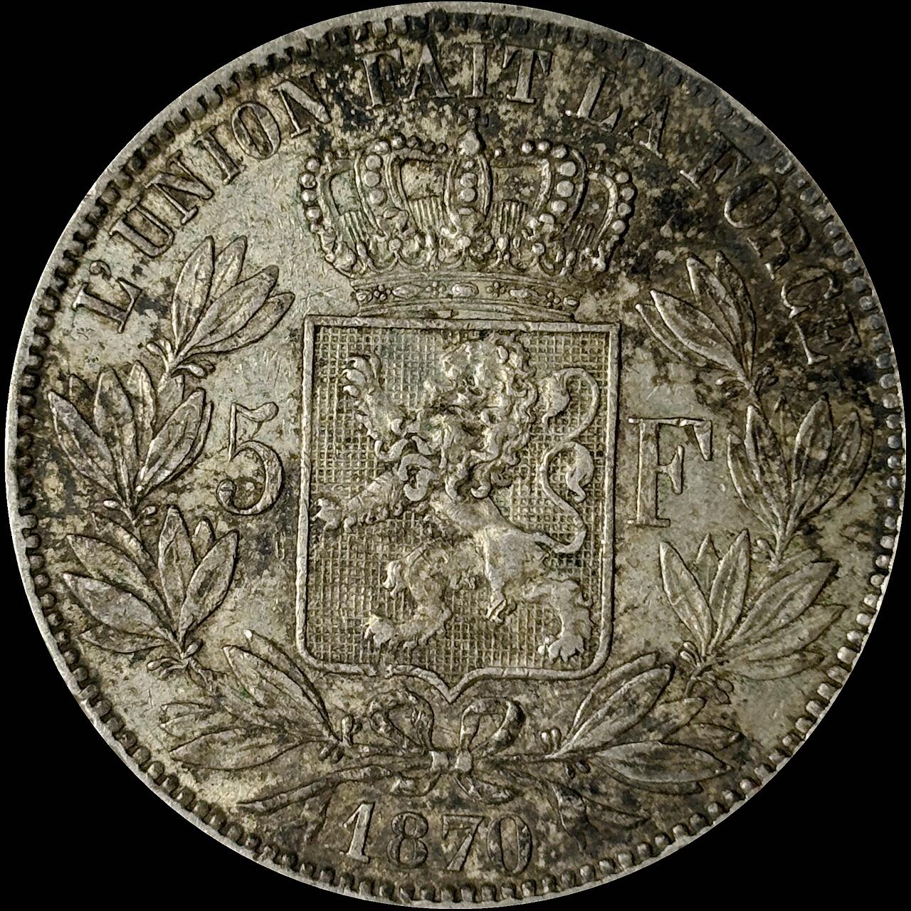 【雨安】【世界币章112-113期】周五/周六 两场连拍 2025-10-31 周五 19:30 保真 8秒倒数自动落锤 高效拍卖  [裸币各国] Belgium 比利时 5法郎 1870年 利奥波德二世