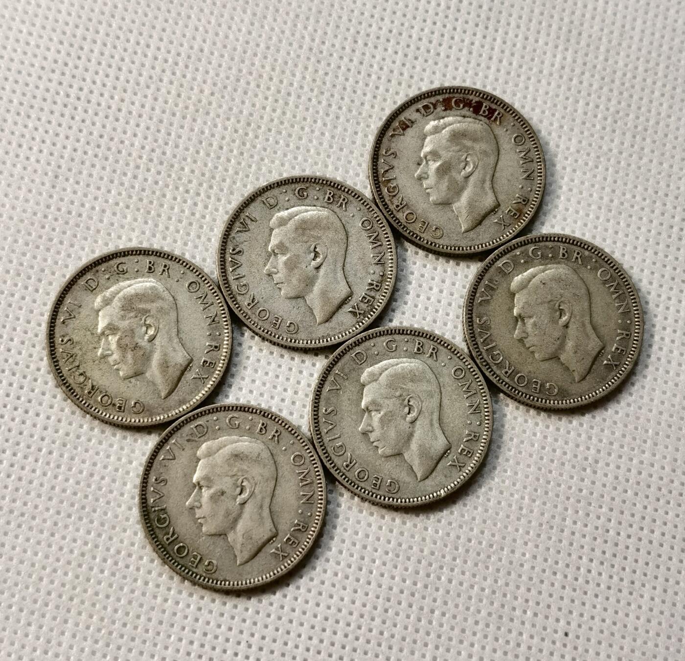 甄臻铺-世界币章拍卖（第37期），送拍享返佣金等优惠多多 英国1940-1946年1先令银币6枚 苏格兰版 年份不重复难找