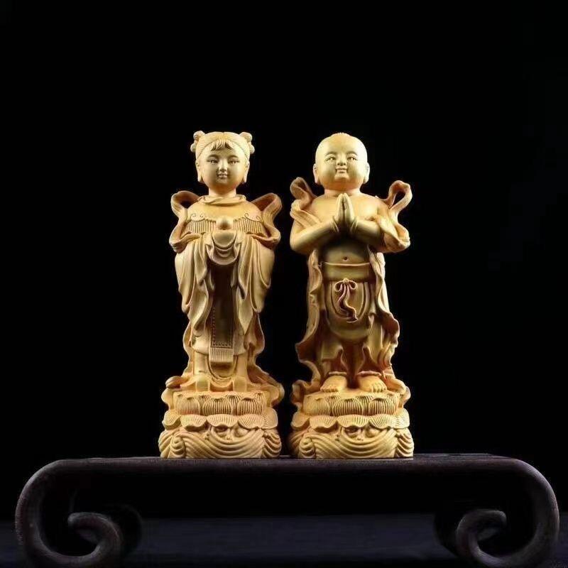 听雨轩（13） 黄杨木雕刻金童玉女一对 9cm