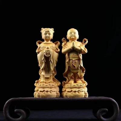 听雨轩（13） - 黄杨木雕刻金童玉女一对 9cm