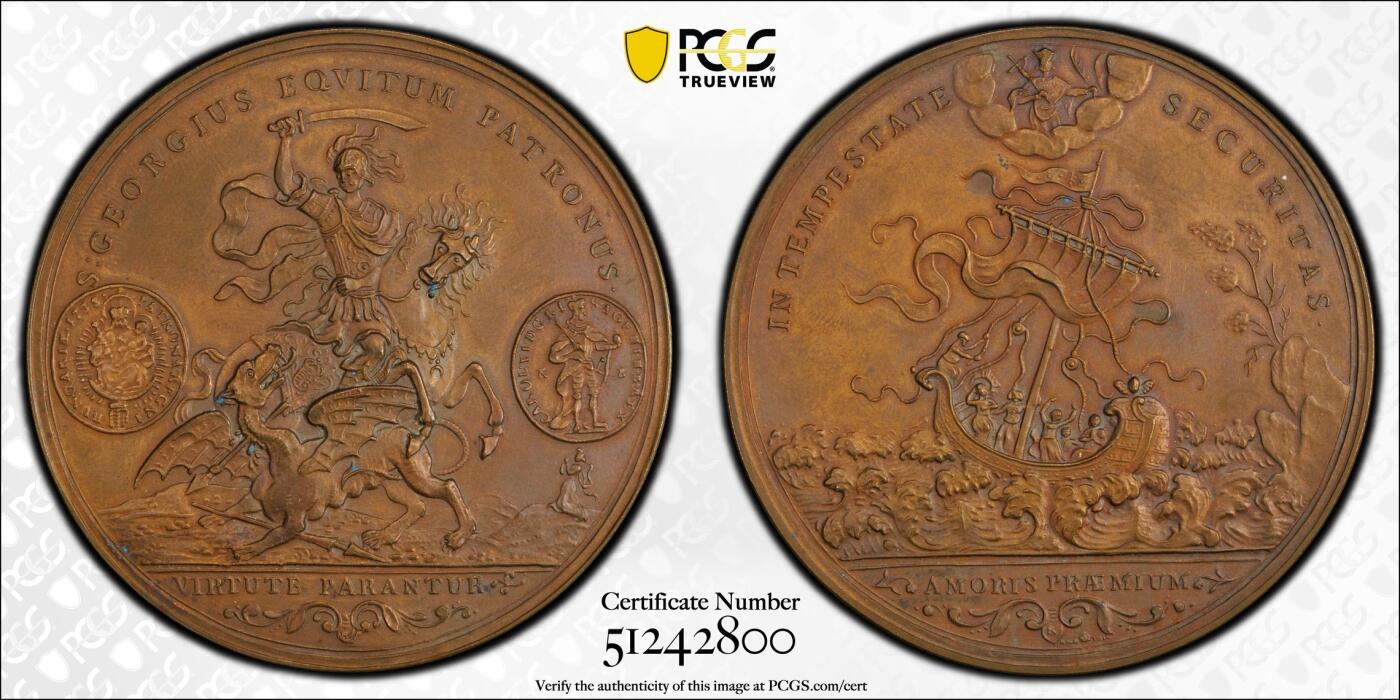 博洋堂世界钱币拍卖第144期（全场包邮） PCGS SP63 奥地利1914年圣乔治屠龙大铜章，冠军分！