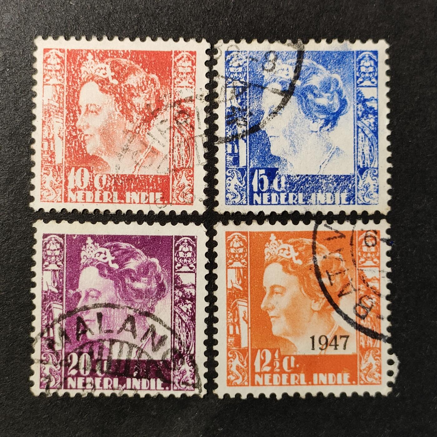 嘉禾收藏    【第364期】            无佣金、可寄存、满30元包邮 荷属印尼邮票，约1938.1947年威廉明娜女王邮票一组