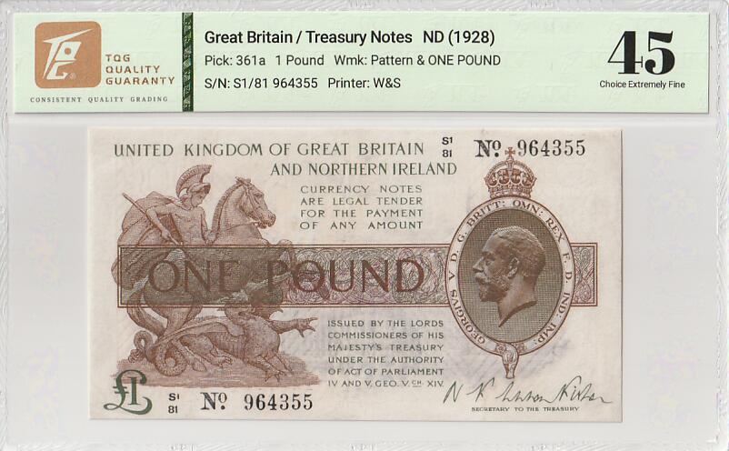 2025十一月第一期，总199期 英国1928版1镑TQG45分，乔治五世国王和圣乔治屠龙