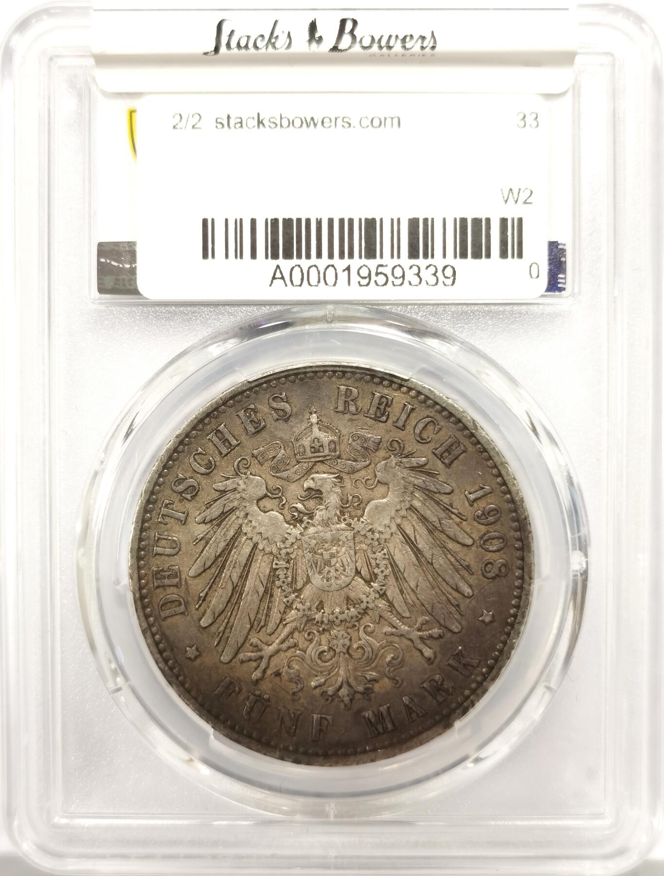 博洋堂世界钱币拍卖第144期（全场包邮） PCGS XF 德国萨克森1908年奥古斯特流通5马克银币