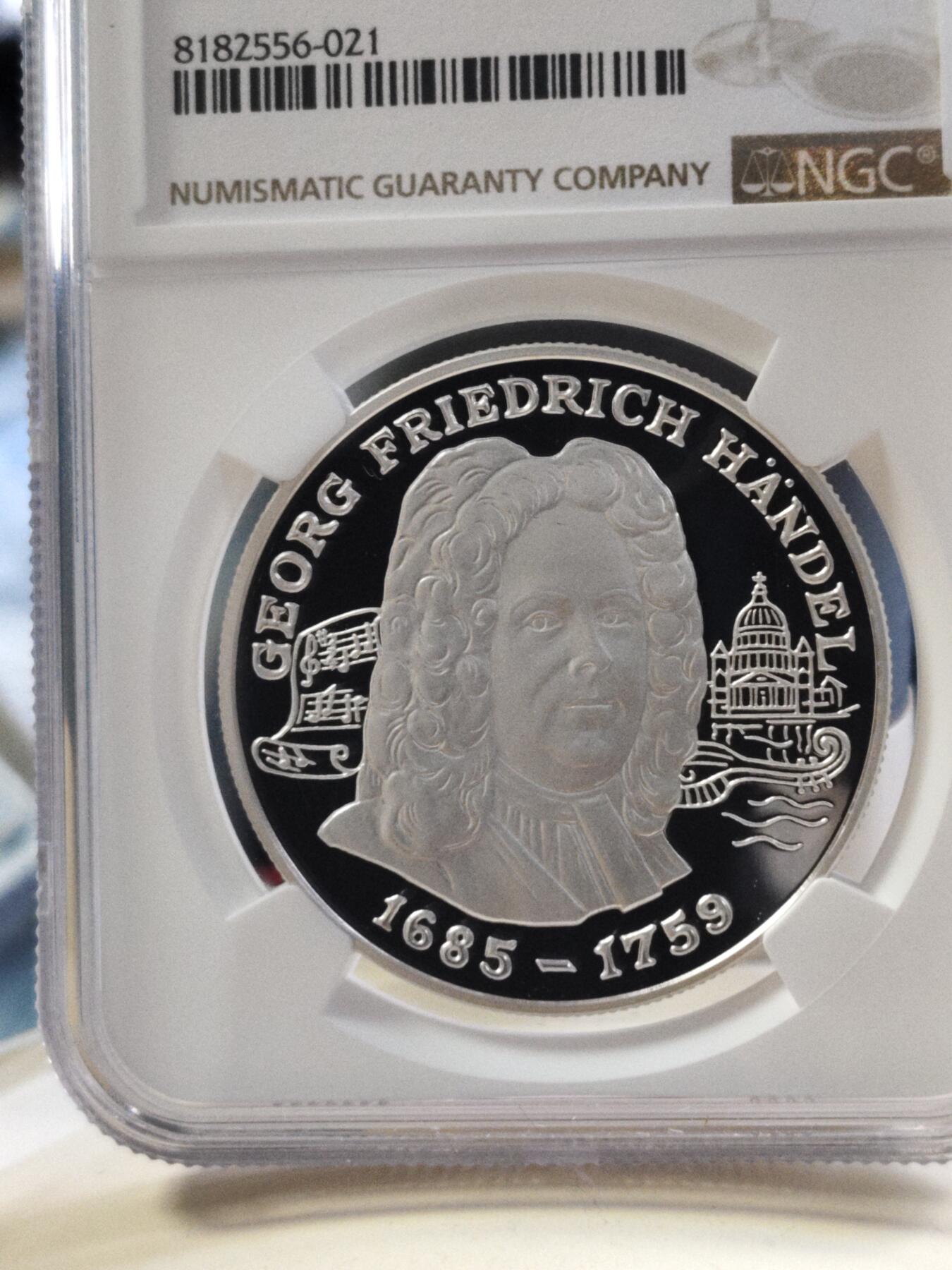 第180期拍卖【长期征集拍品】【北京币展专场】 安道尔1997年音乐家巴赫10第纳尔精制纪念银币 NGC-PF69,31.1克,925银