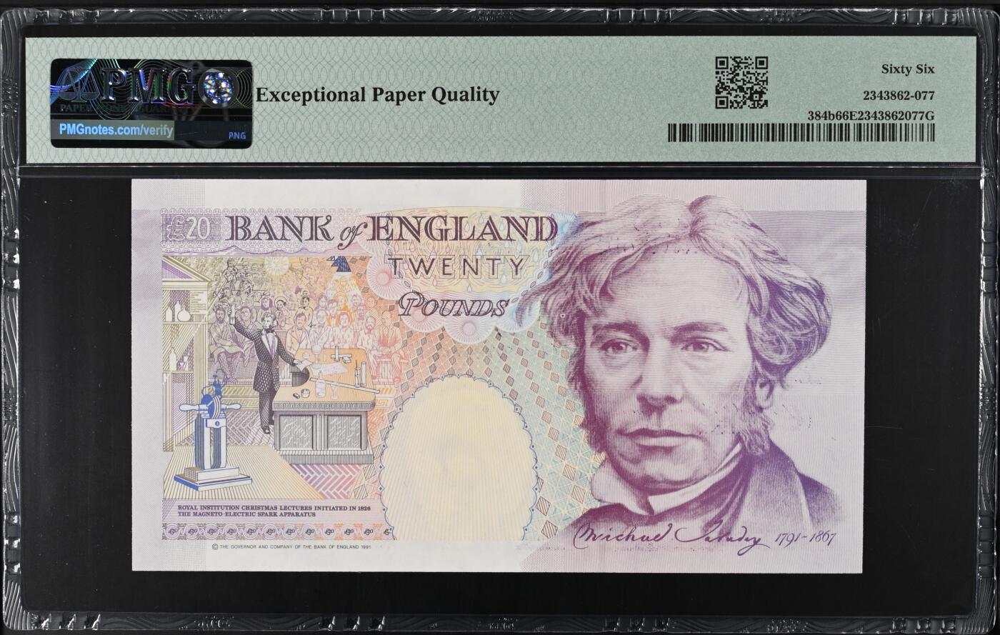 《艾美收藏》第218期-11.2周日外币荟萃 英国E序列初版1991-93年20镑PMG66E倒置691890 Pick#384b皇冠版稀少Kentfield二签