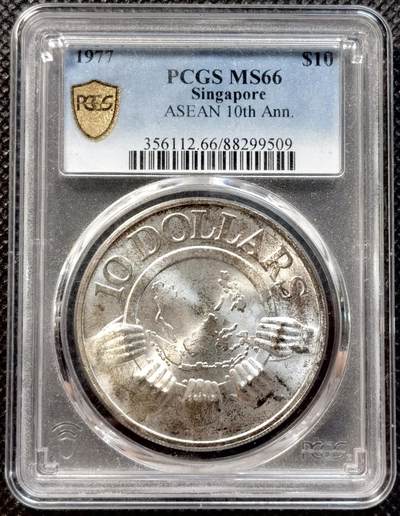 甄臻铺-世界币章拍卖（第37期），送拍享返佣金等优惠多多 - PCGS-MS66 新加坡1977年10元精制银币 转光 1967-1977纪念东盟成立10周年