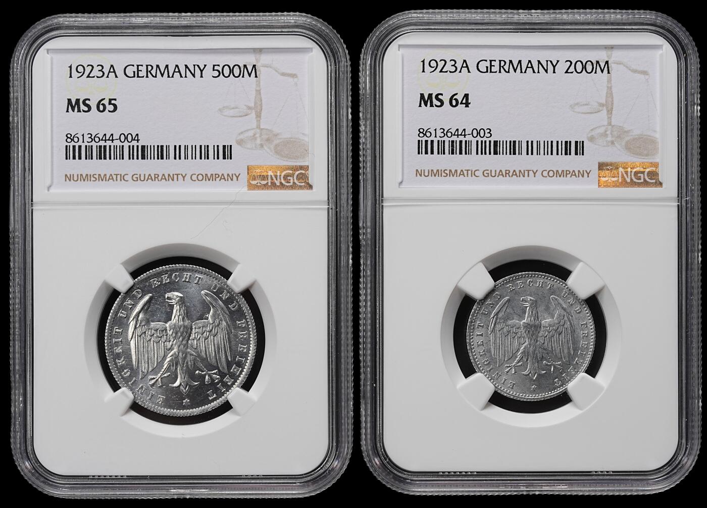 修遠堂世界钱币第九十一期 NGC评级 1923年魏玛政府200，500马克铝币两枚