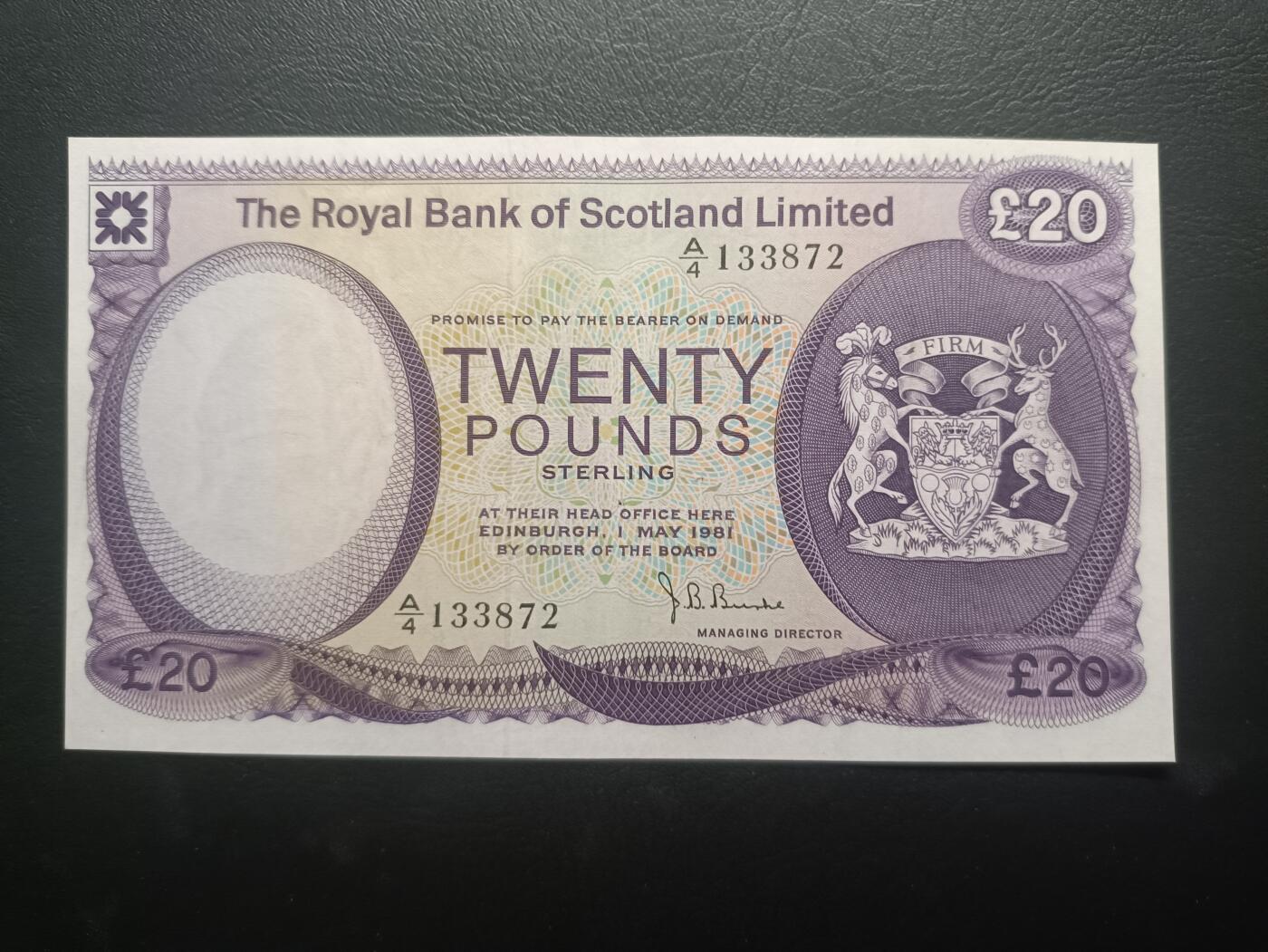 2025十一月第一期，总199期 苏格兰皇家银行1981年20镑AUNC，银行徽章和布罗迪克城堡，少见中高面值
