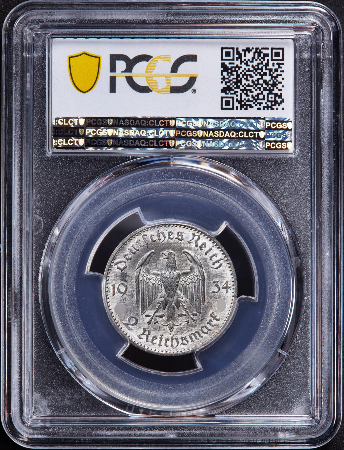 【俄甄集藏】2025年(044)11-12星期三晚 19:30 全场包邮 德国第三帝国1934年A版波茨坦教堂加字2马克银币，PCGS MS62，转光品相，少见品种，原图联系客服