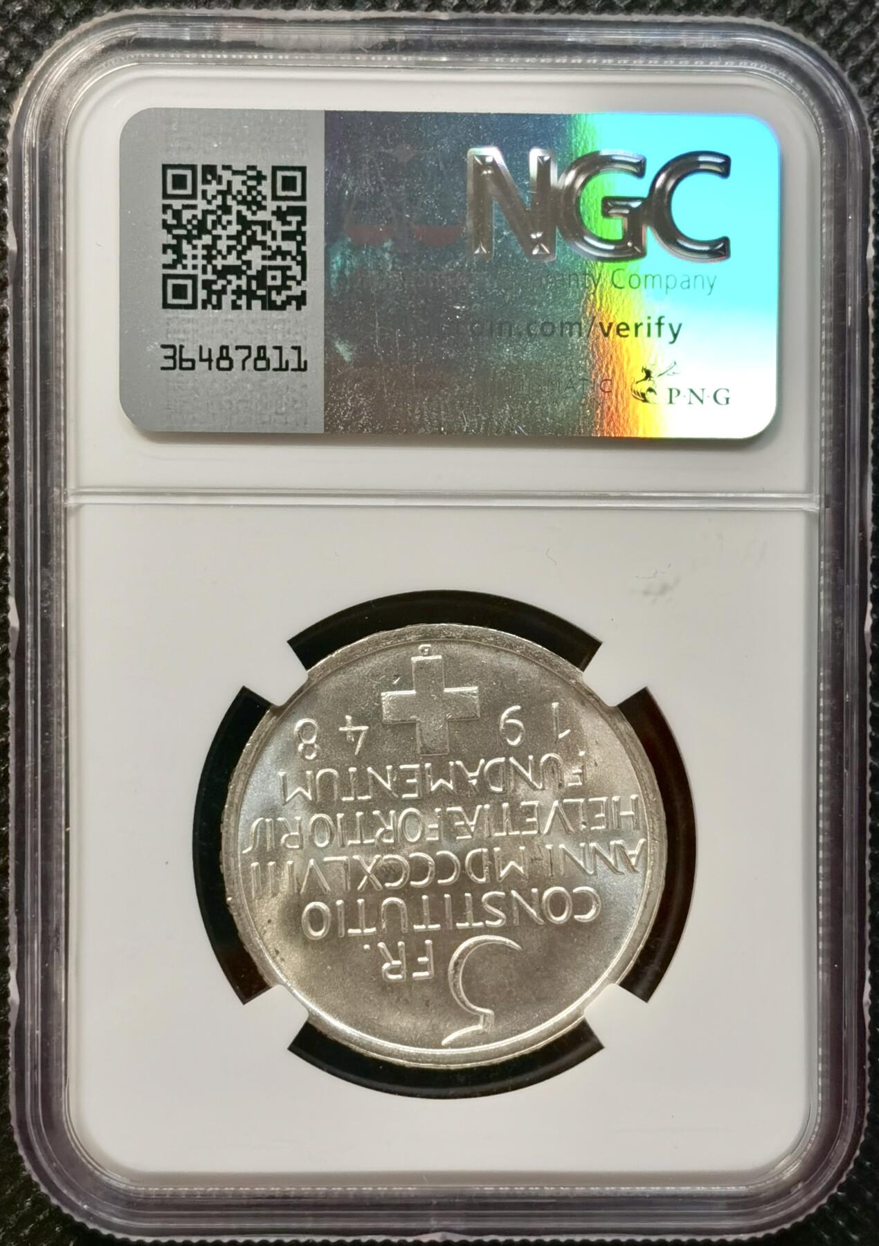 甄臻铺-世界币章拍卖（第37期），送拍享返佣金等优惠多多 NGC-MS65 瑞士 1948年B 宪法一百周年纪念 5法郎银币 柔和原光