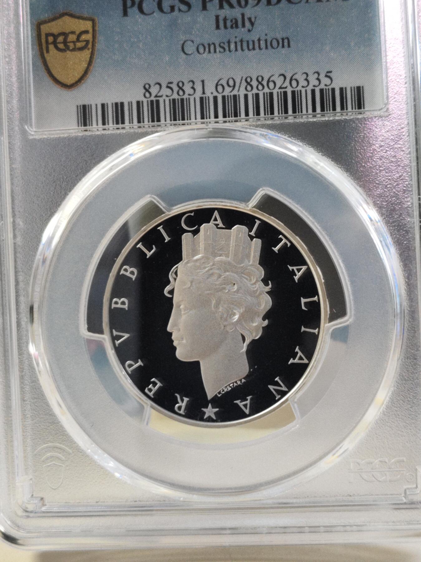 第180期拍卖【长期征集拍品】【北京币展专场】 意大利1988年国家宪法颁布五十周年精制纪念银币PCGS-PR69,835银，11克