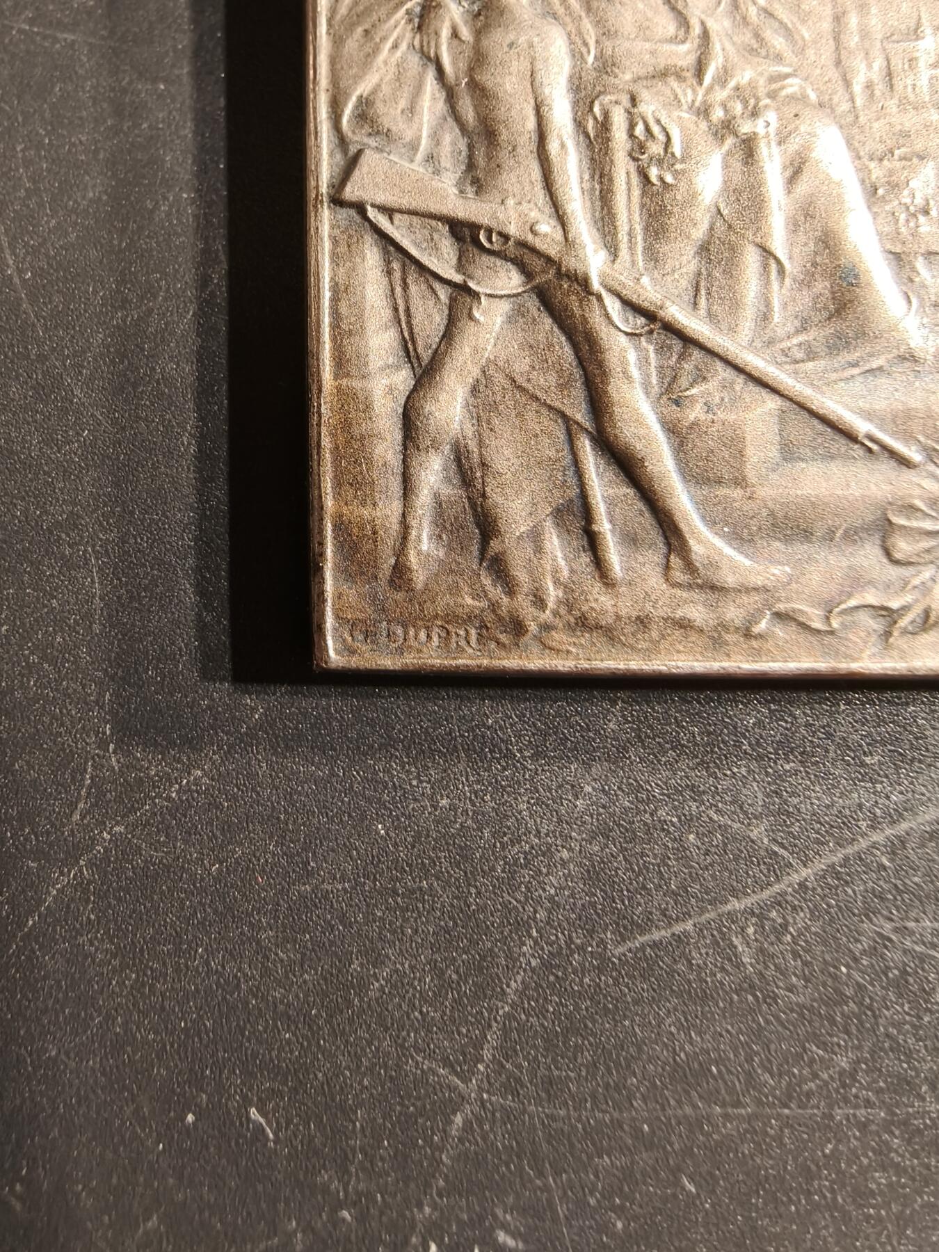 老王徽章第160期 法国射击联盟方形镀银大铜章     尺寸51×36mm.   重量54.6g.    大师杜普伊作品