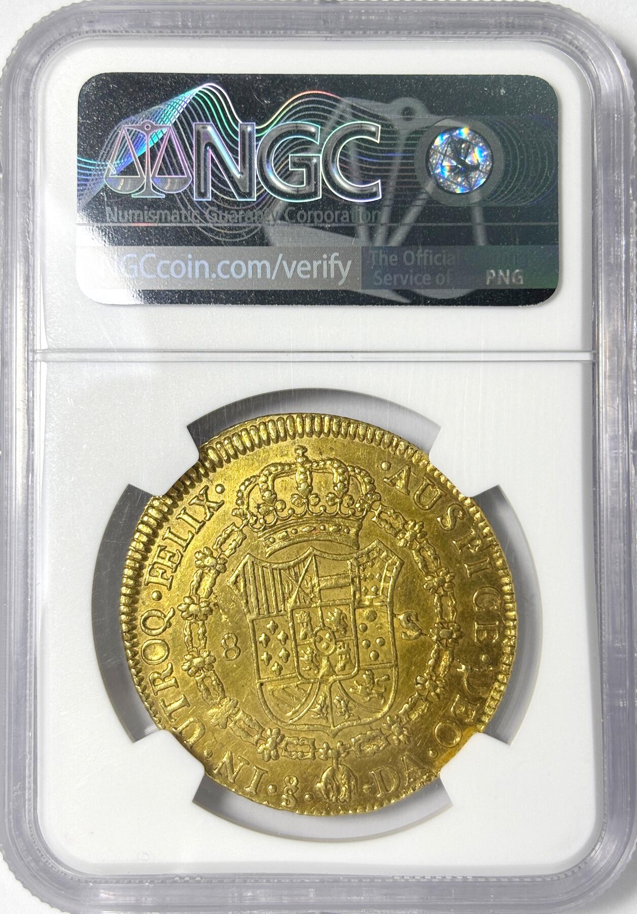 【雨安】【世界币章112-113期】周五/周六 两场连拍 2025-11-01 周六 19:30 保真 8秒倒数自动落锤 高效拍卖 [金币] Spanish Chile 西属智利 卡洛斯四世 8埃斯库多 1789年 稀少IV版 NGC-AU