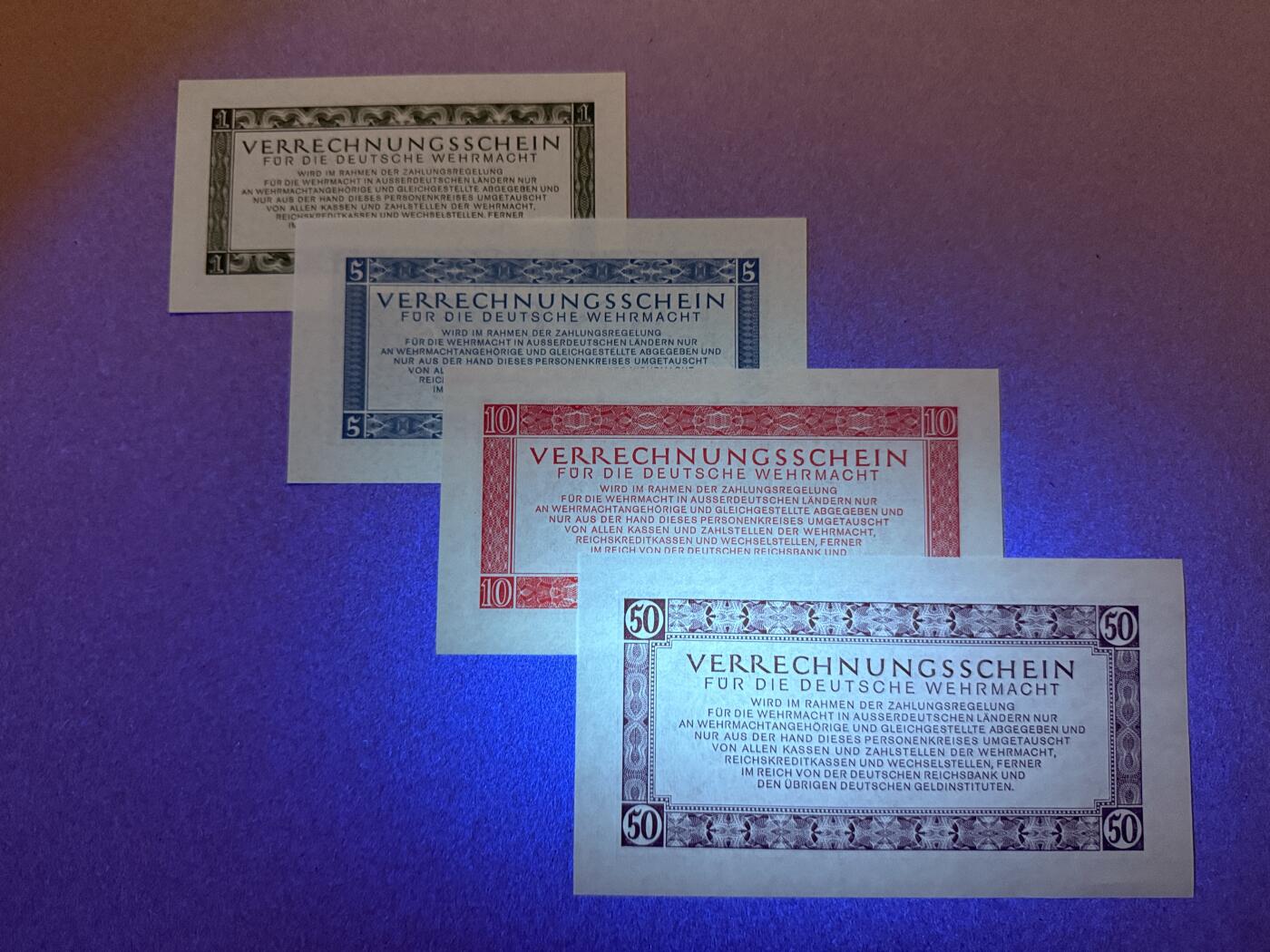 《艾美收藏》第218期-11.2周日外币荟萃 德国1、5、10、50马克4张 UNC 1944年 德国国防军帝国马克