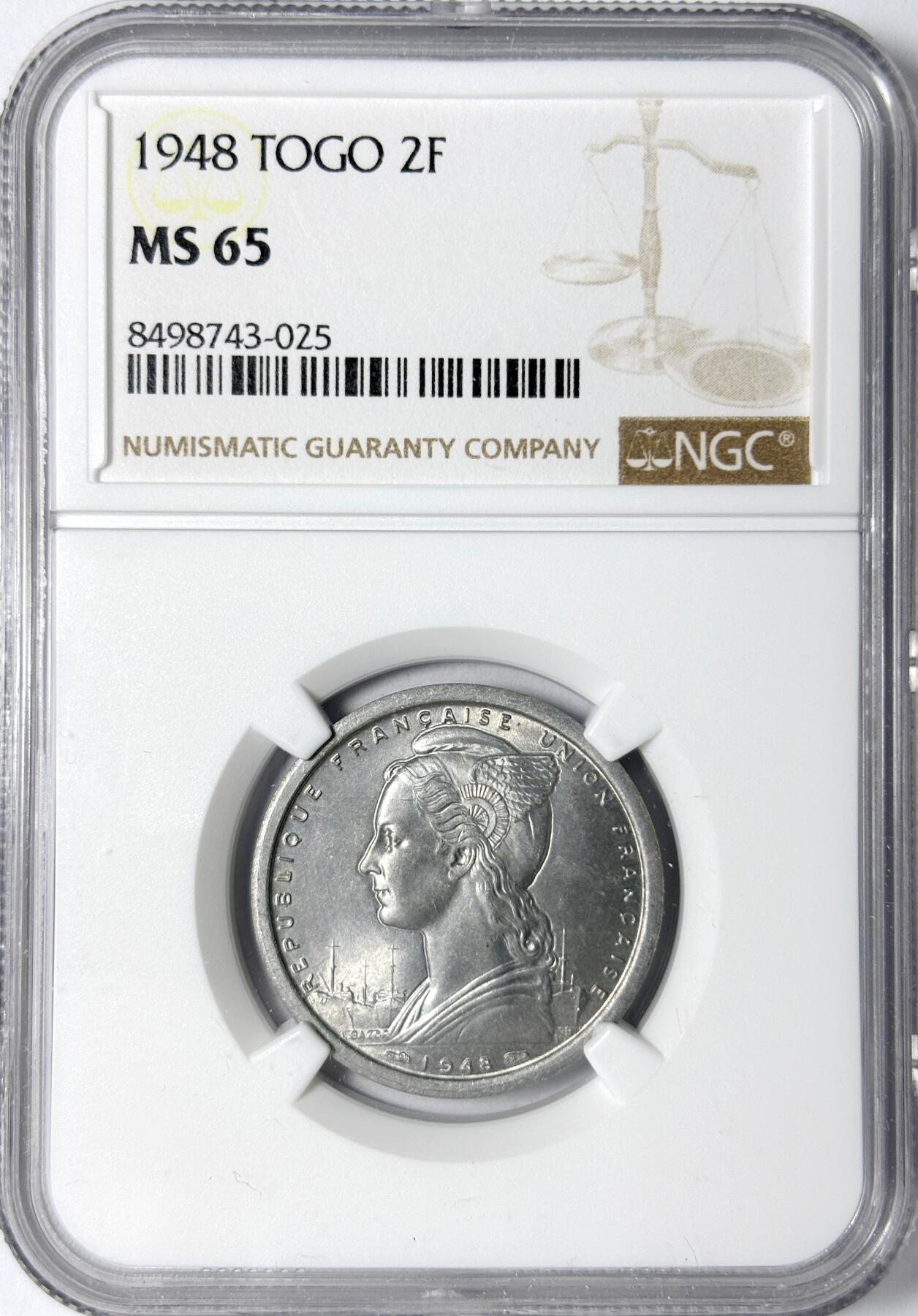 【雨安】【世界币章112-113期】周五/周六 两场连拍 2025-11-01 周六 19:30 保真 8秒倒数自动落锤 高效拍卖 [评级非洲] Togo 多哥 2法郎 1948年 NGC-MS65