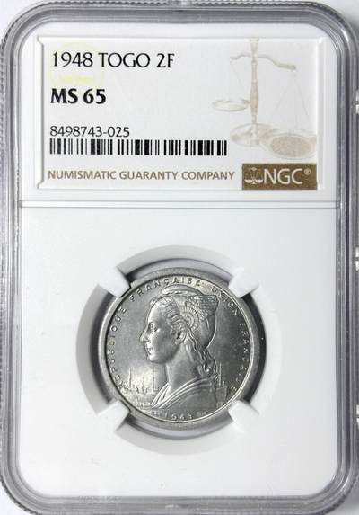 【雨安】【世界币章112-113期】周五/周六 两场连拍 2025-11-01 周六 19:30 保真 8秒倒数自动落锤 高效拍卖 - [评级非洲] Togo 多哥 2法郎 1948年 NGC-MS65