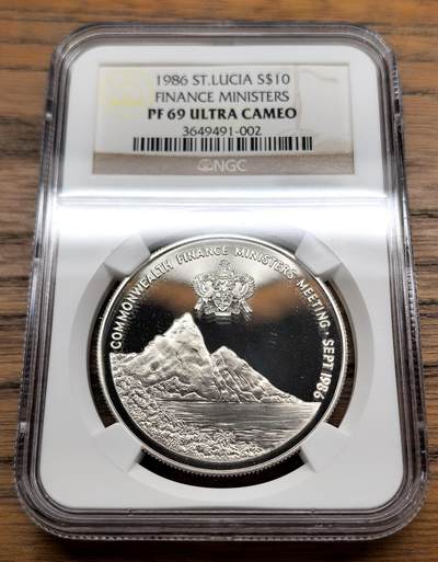 凡希社世界钱币微拍第三百十三期 - 1986圣卢西亚加勒比中央银行10Dollar纪念大银精铸NGC-PF69UC
