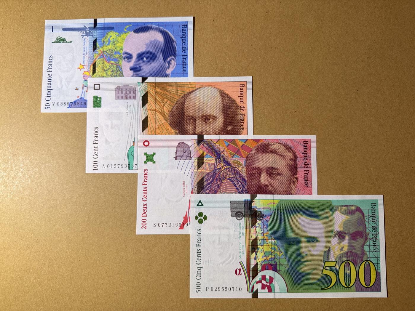 《艾美收藏》第218期-11.2周日外币荟萃 法国50、100、200、500法郎4张 UNC 末版 有3张无4