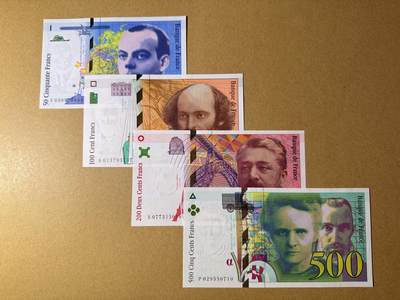 《艾美收藏》第218期-11.2周日外币荟萃 - 法国50、100、200、500法郎4张 UNC 末版 有3张无4