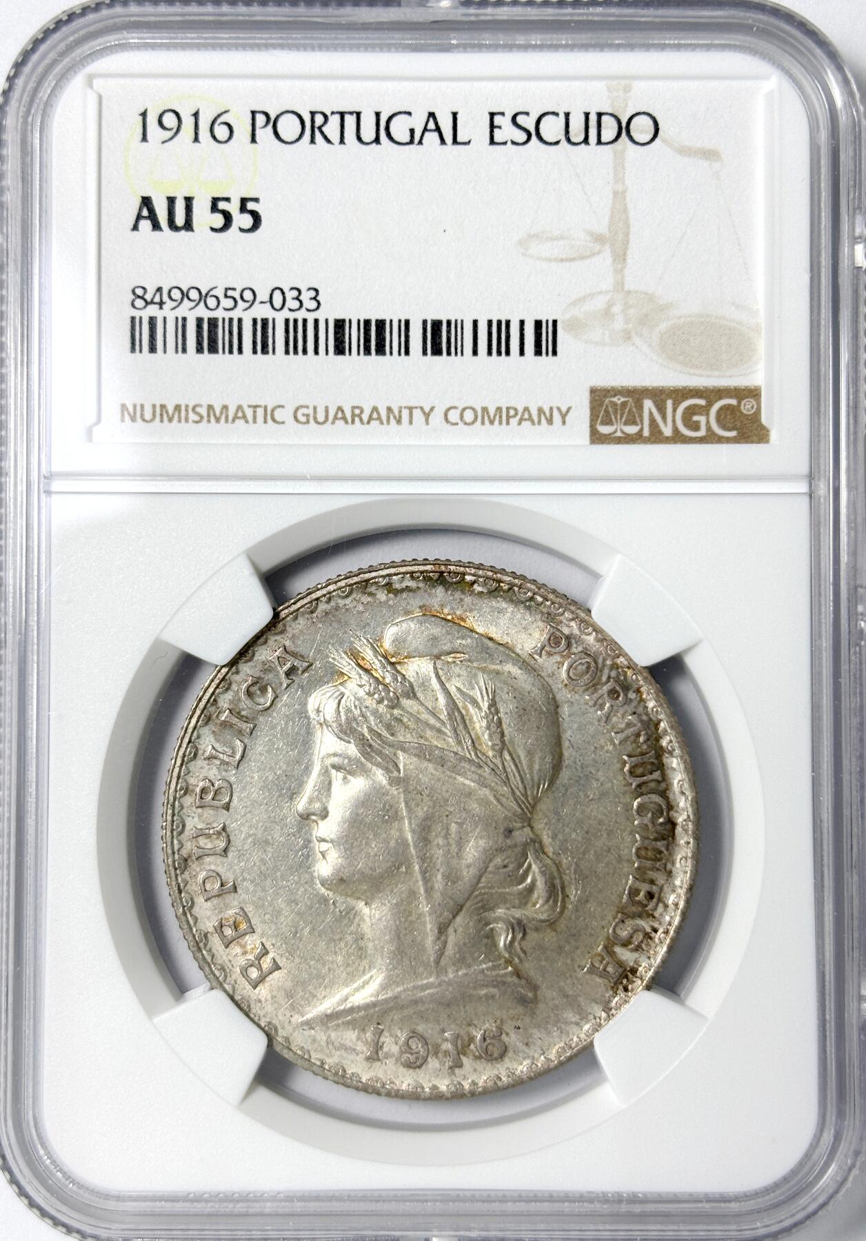 【雨安】【世界币章112-113期】周五/周六 两场连拍 2025-11-01 周六 19:30 保真 8秒倒数自动落锤 高效拍卖 [评级欧洲] Portugal Portugal 葡萄牙 Republic 1埃斯库多 KM#0564 (1915-1916) 1916年 NGC-AU55