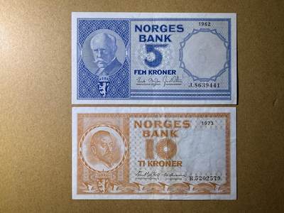 《艾美收藏》第218期-11.2周日外币荟萃 - 挪威5、10克朗2张 AU 1962、1973年版