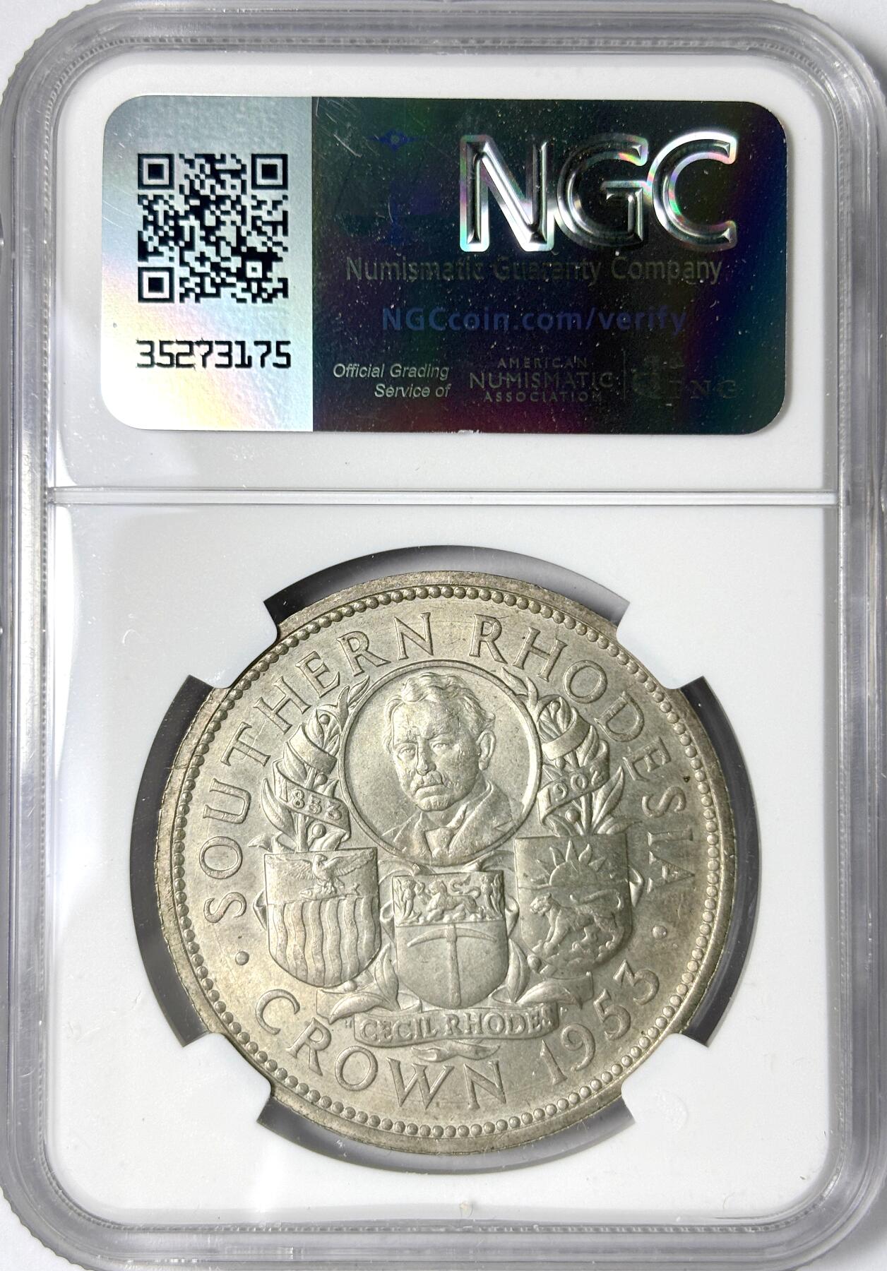 【雨安】【世界币章112-113期】周五/周六 两场连拍 2025-11-01 周六 19:30 保真 8秒倒数自动落锤 高效拍卖 [评级非洲] Southern Rhodesia 南罗得西亚 1克朗 1953年 伊丽莎白二世 NGC-MS64