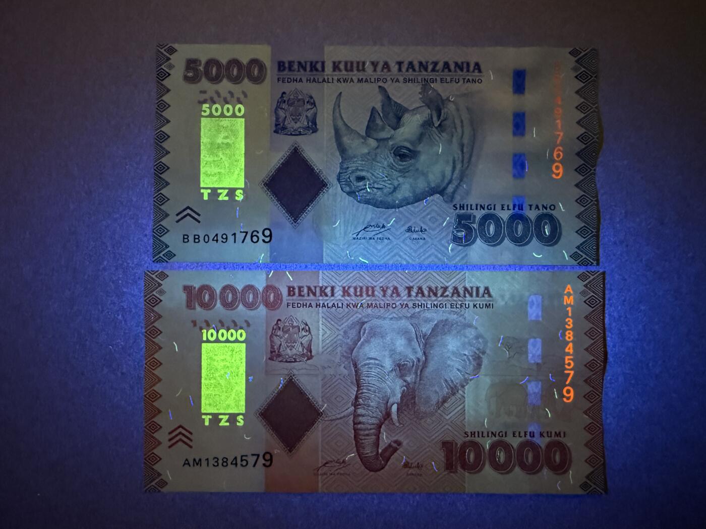 《艾美收藏》第218期-11.2周日外币荟萃 坦桑尼亚5000、10000先令2张 UNC 犀牛和大象