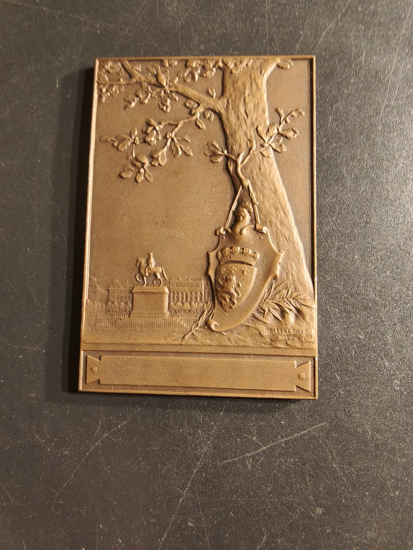 老王徽章第160期  法国里昂1904年射击竞赛方形大铜章     尺寸60×40mm.    重量48.9g