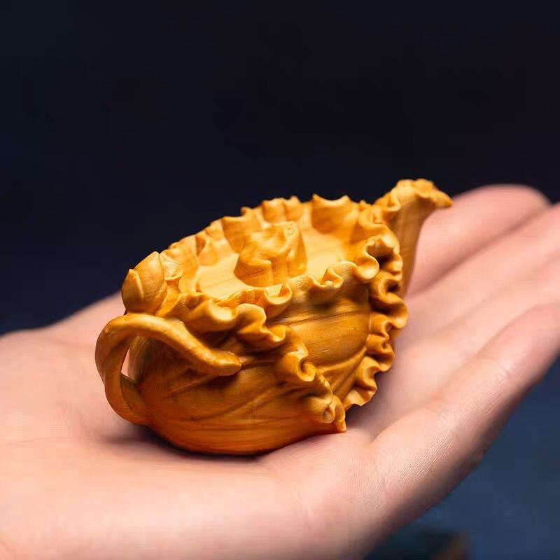 听雨轩（14）木雕 黄杨木雕 荷叶壶摆件 7cm