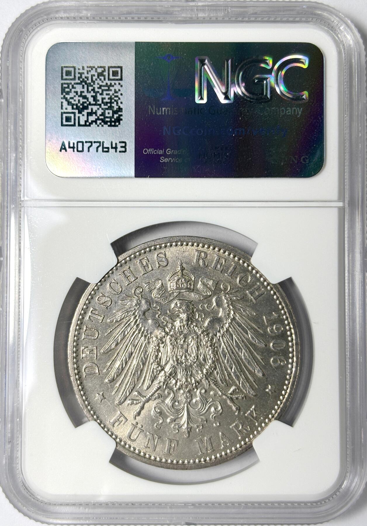 【雨安】【世界币章112-113期】周五/周六 两场连拍 2025-11-01 周六 19:30 保真 8秒倒数自动落锤 高效拍卖 [评级德国] Germany 德国 帝国 J.035 巴登 5马克 (1906) 金婚 1906年 NGC-MS64