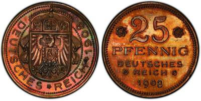 博洋堂世界钱币拍卖第144期（全场包邮） - PCGS SP63RB 德国1908年25芬尼铜样币，少见品种，底板五彩