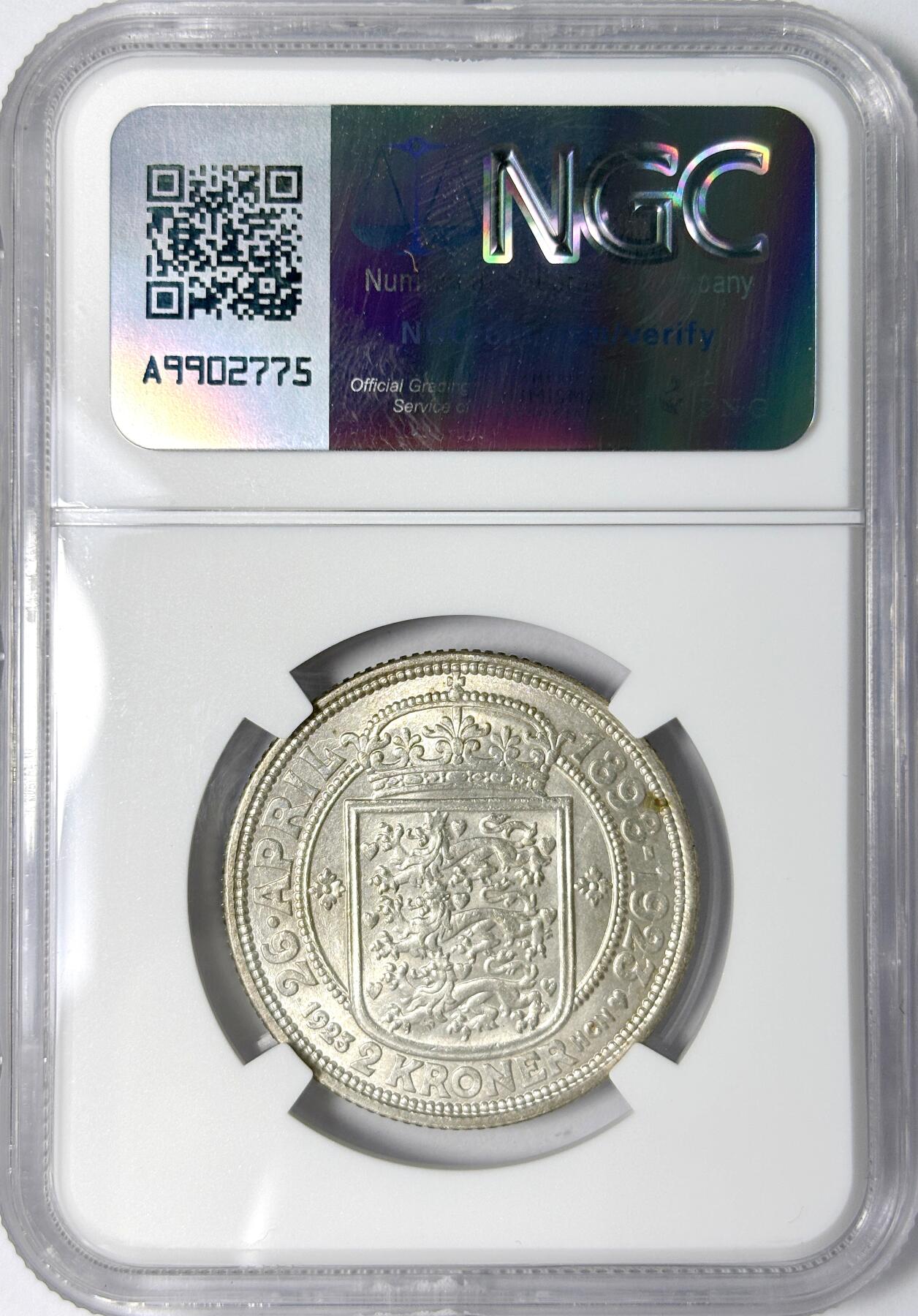 【雨安】【世界币章112-113期】周五/周六 两场连拍 2025-11-01 周六 19:30 保真 8秒倒数自动落锤 高效拍卖 [评级欧洲] Denmark 丹麦 2克朗 1923年 克里斯蒂安十世 结婚25周年纪念 NGC-MS65