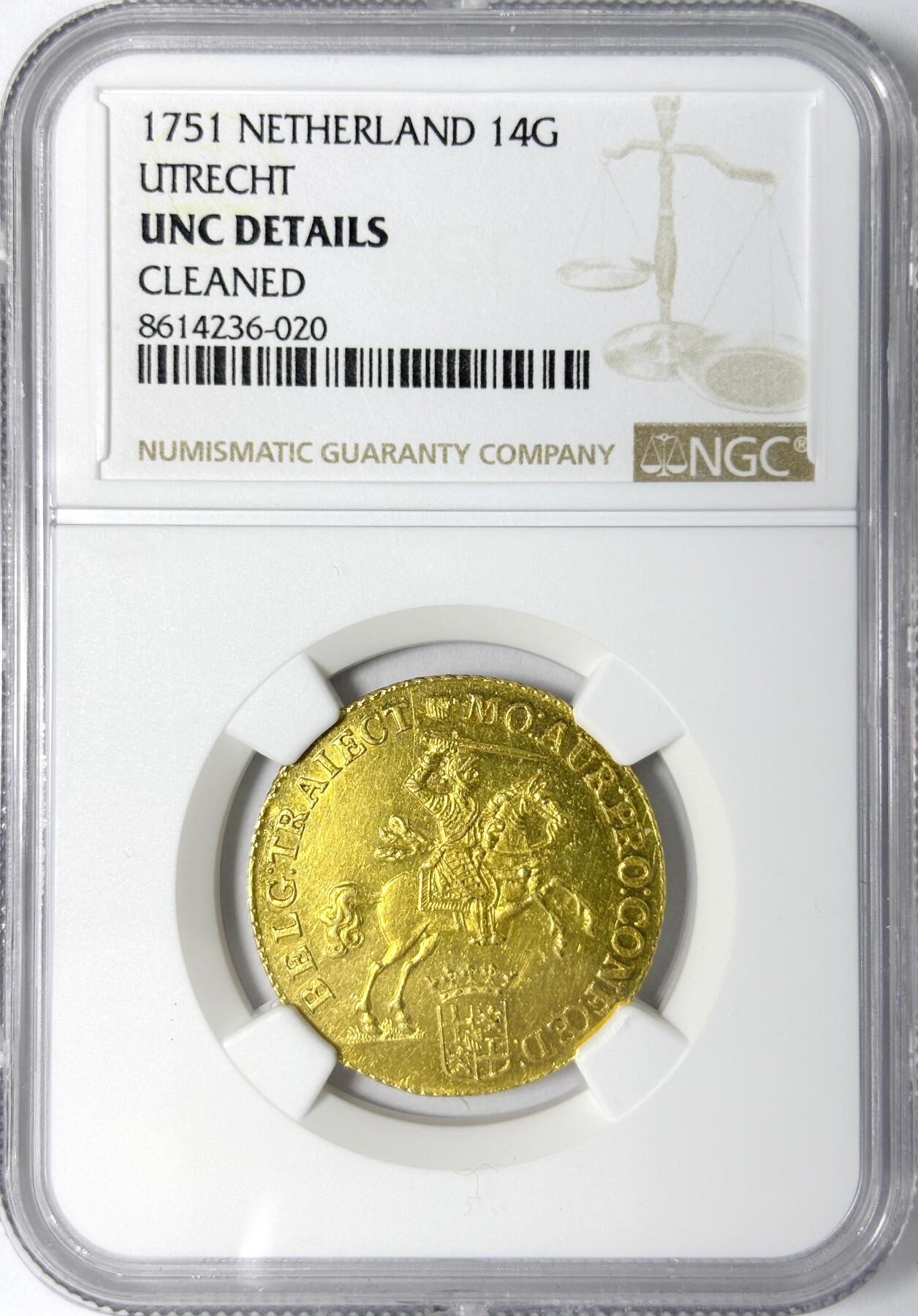 【雨安】【世界币章112-113期】周五/周六 两场连拍 2025-11-01 周六 19:30 保真 8秒倒数自动落锤 高效拍卖 [金币] Netherlands 荷兰 共和国 乌特勒支 14盾 1751年 金马剑 NGC-UNC