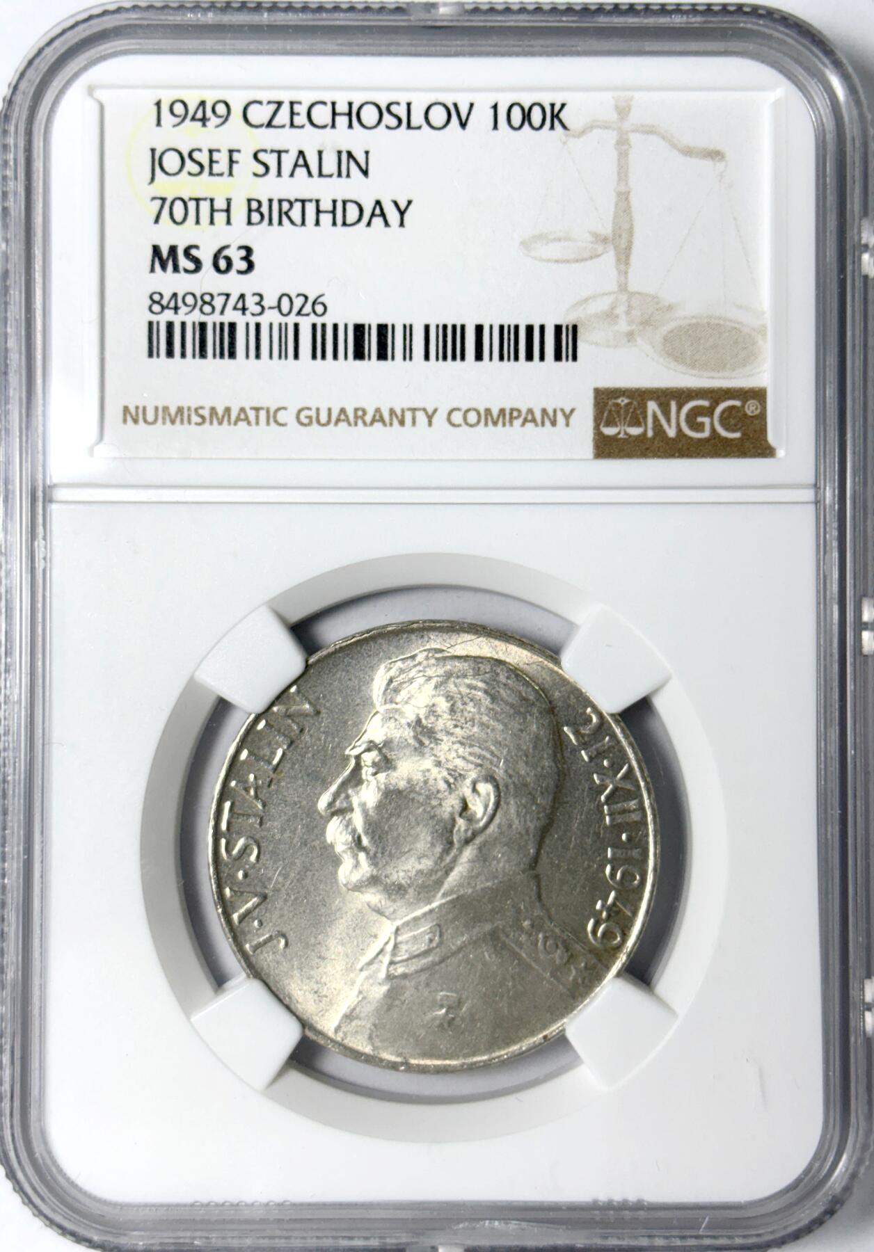 【雨安】【世界币章112-113期】周五/周六 两场连拍 2025-11-01 周六 19:30 保真 8秒倒数自动落锤 高效拍卖 [评级欧洲] Czechoslovakia 捷克斯洛伐克 100克朗 1949年 斯大林 NGC-MS63