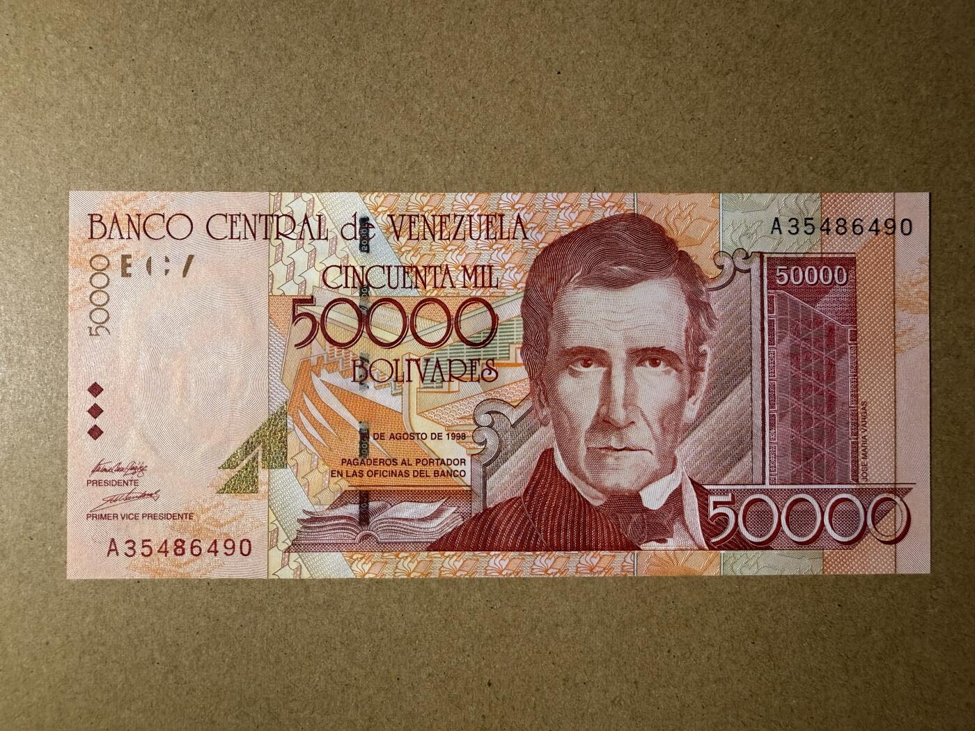 《艾美收藏》第218期-11.2周日外币荟萃 委内瑞拉50000玻利瓦尔 UNC 1998年A冠 边缘轻微荧光