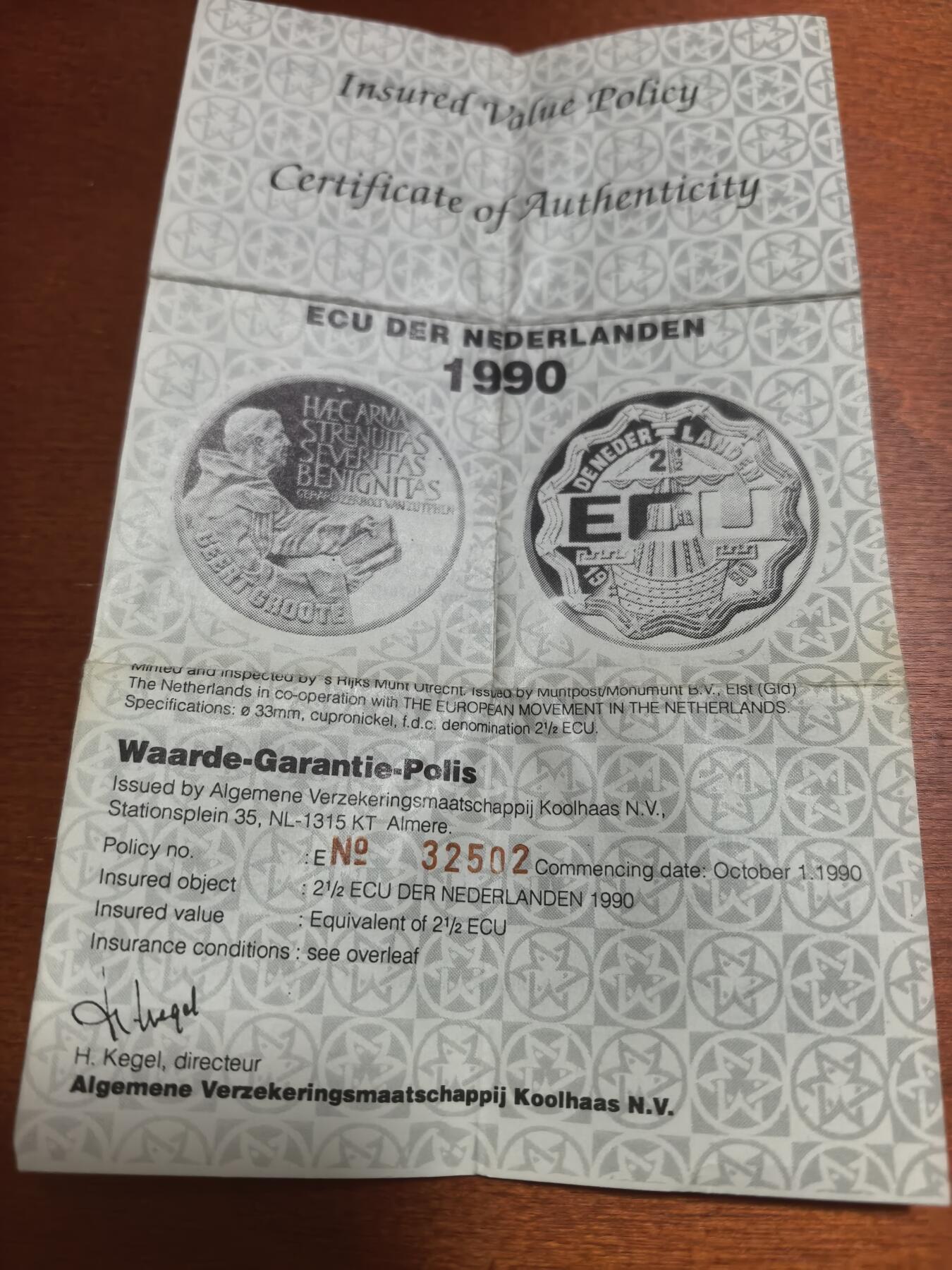 长老汇蛇年精选第六十九场拍卖 珍稀币！1990荷兰2.5埃居铜镍币，带证书小钱包