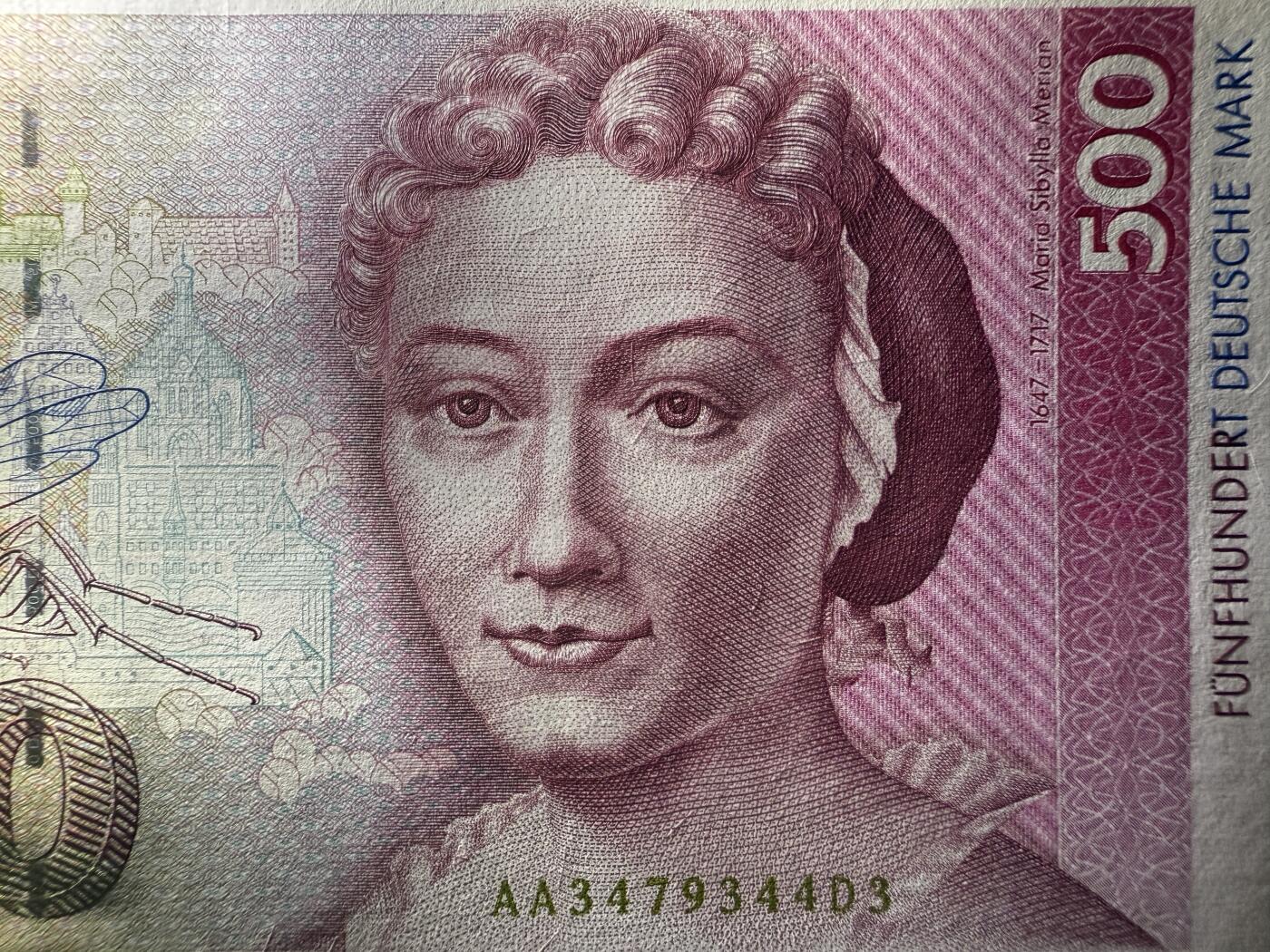 《艾美收藏》第218期-11.2周日外币荟萃 德国500马克 UNC 1991年 德国女画家梅里安 AA冠