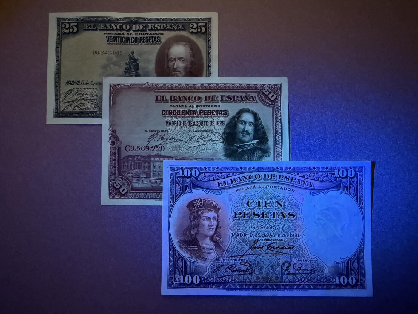 《艾美收藏》第218期-11.2周日外币荟萃 西班牙25、50、100比塞塔3张 AU 1928-31年老版本