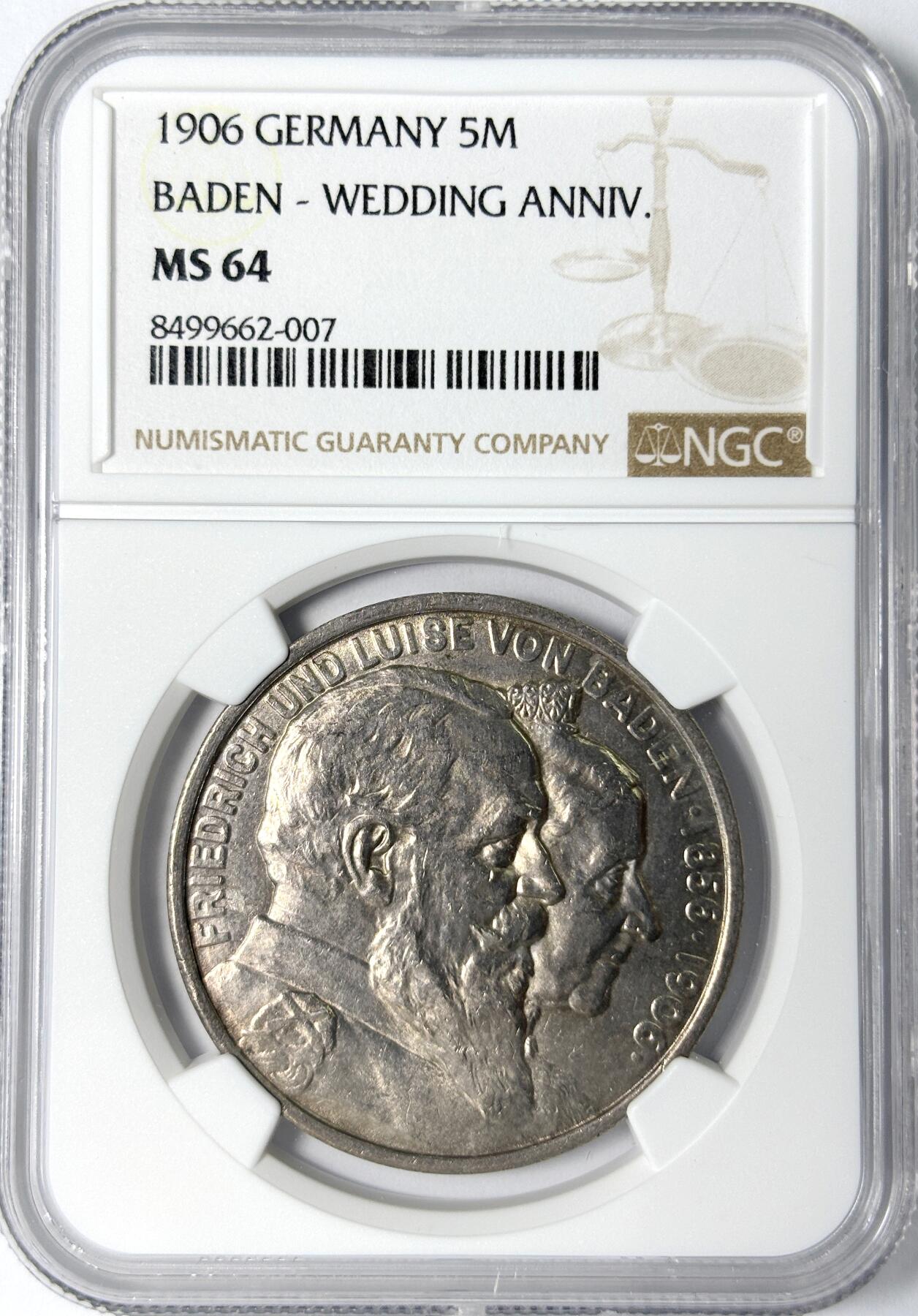 【雨安】【世界币章112-113期】周五/周六 两场连拍 2025-11-01 周六 19:30 保真 8秒倒数自动落锤 高效拍卖 [评级德国] Germany 德国 帝国 J.035 巴登 5马克 (1906) 金婚 1906年 NGC-MS64