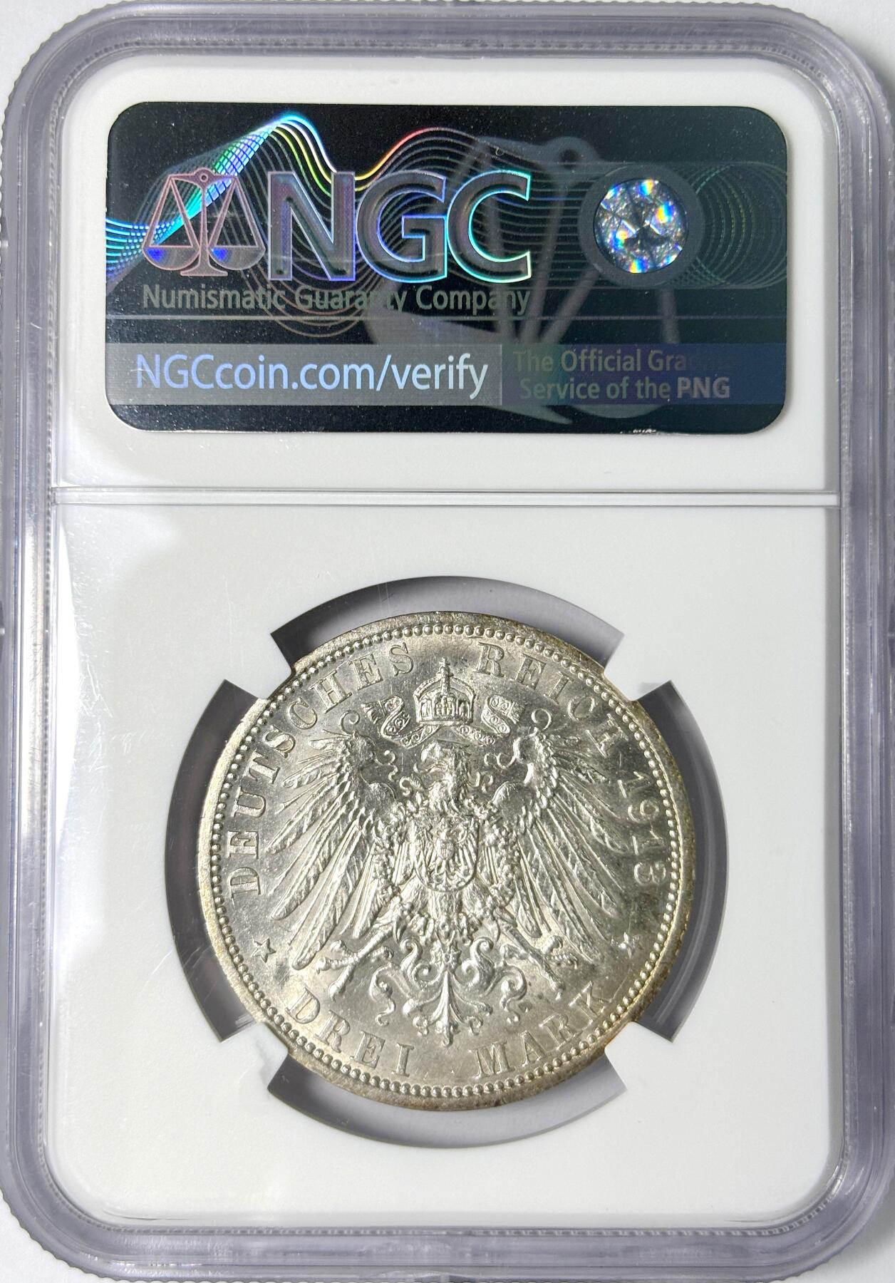 【雨安】【世界币章112-113期】周五/周六 两场连拍 2025-11-01 周六 19:30 保真 8秒倒数自动落锤 高效拍卖 [评级德国] Germany 德国 帝国 J.112 普鲁士 3马克 军装花枝 1913年 NGC-AU58