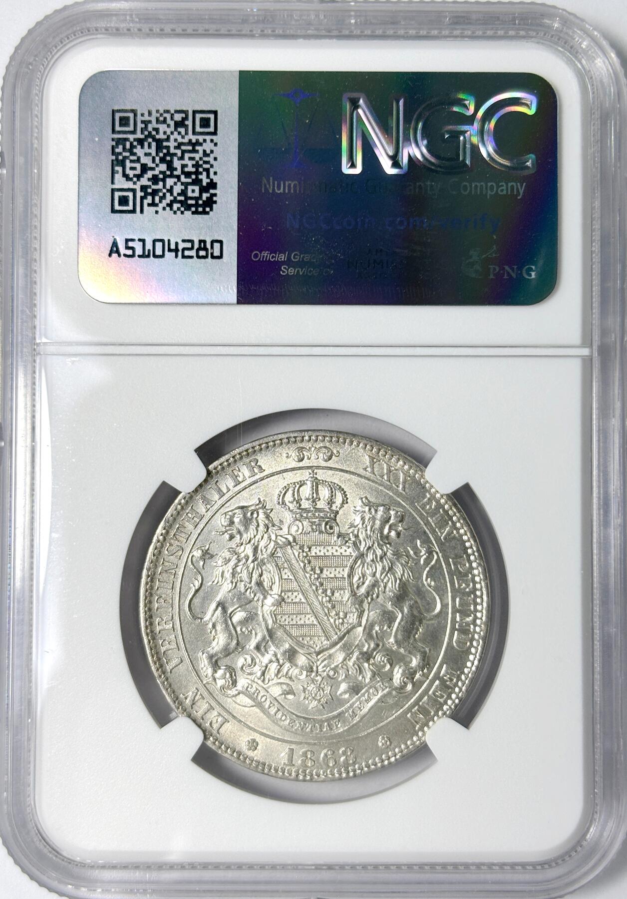 【雨安】【世界币章112-113期】周五/周六 两场连拍 2025-11-01 周六 19:30 保真 8秒倒数自动落锤 高效拍卖 [评级德国] Germany 德国 德意志 1泰勒 Saxony萨克森 Thun.348 KM#1214 (1861-1871) 双狮.内圈 1868年 NGC-AU58 同一老藏家精选萨克森经典泰勒收藏