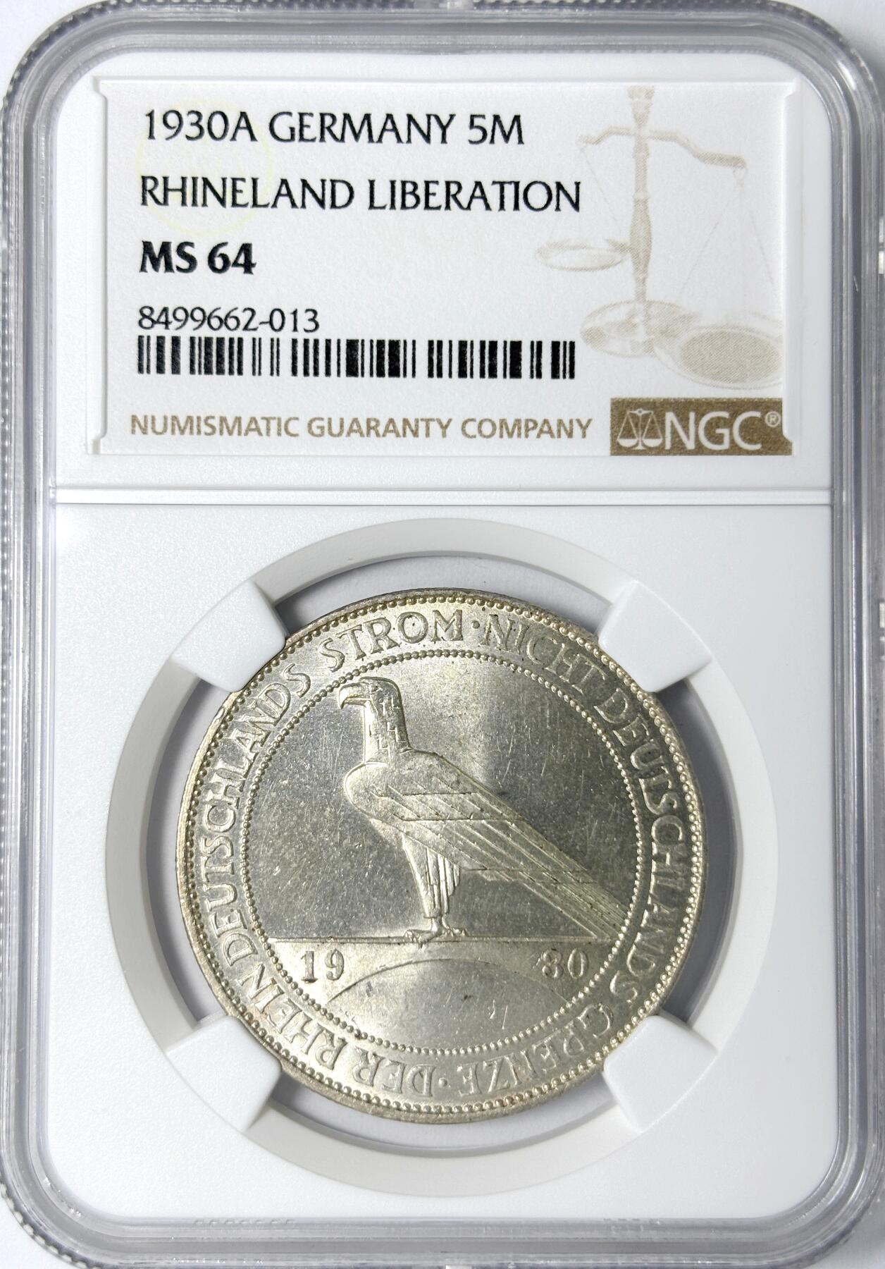 【雨安】【世界币章112-113期】周五/周六 两场连拍 2025-11-01 周六 19:30 保真 8秒倒数自动落锤 高效拍卖 [评级德国] Germany 德国 魏玛 5马克 KM#71 莱茵兰鹰桥 1930年 NGC-MS64