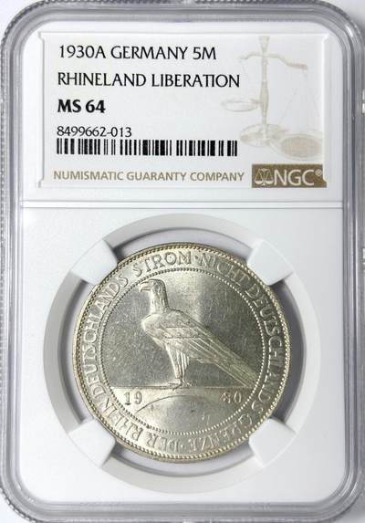 【雨安】【世界币章112-113期】周五/周六 两场连拍 2025-11-01 周六 19:30 保真 8秒倒数自动落锤 高效拍卖 - [评级德国] Germany 德国 魏玛 5马克 KM#71 莱茵兰鹰桥 1930年 NGC-MS64