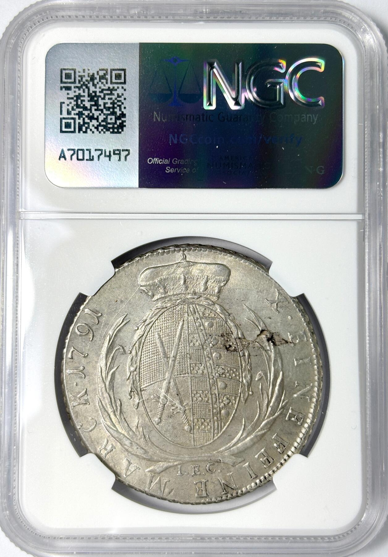 【雨安】【世界币章112-113期】周五/周六 两场连拍 2025-11-01 周六 19:30 保真 8秒倒数自动落锤 高效拍卖 [评级德国] Germany 德国 德意志 1泰勒 Saxony萨克森 奥古斯特 军装 1791年 NGC-MS62 同一老藏家精选萨克森经典泰勒收藏