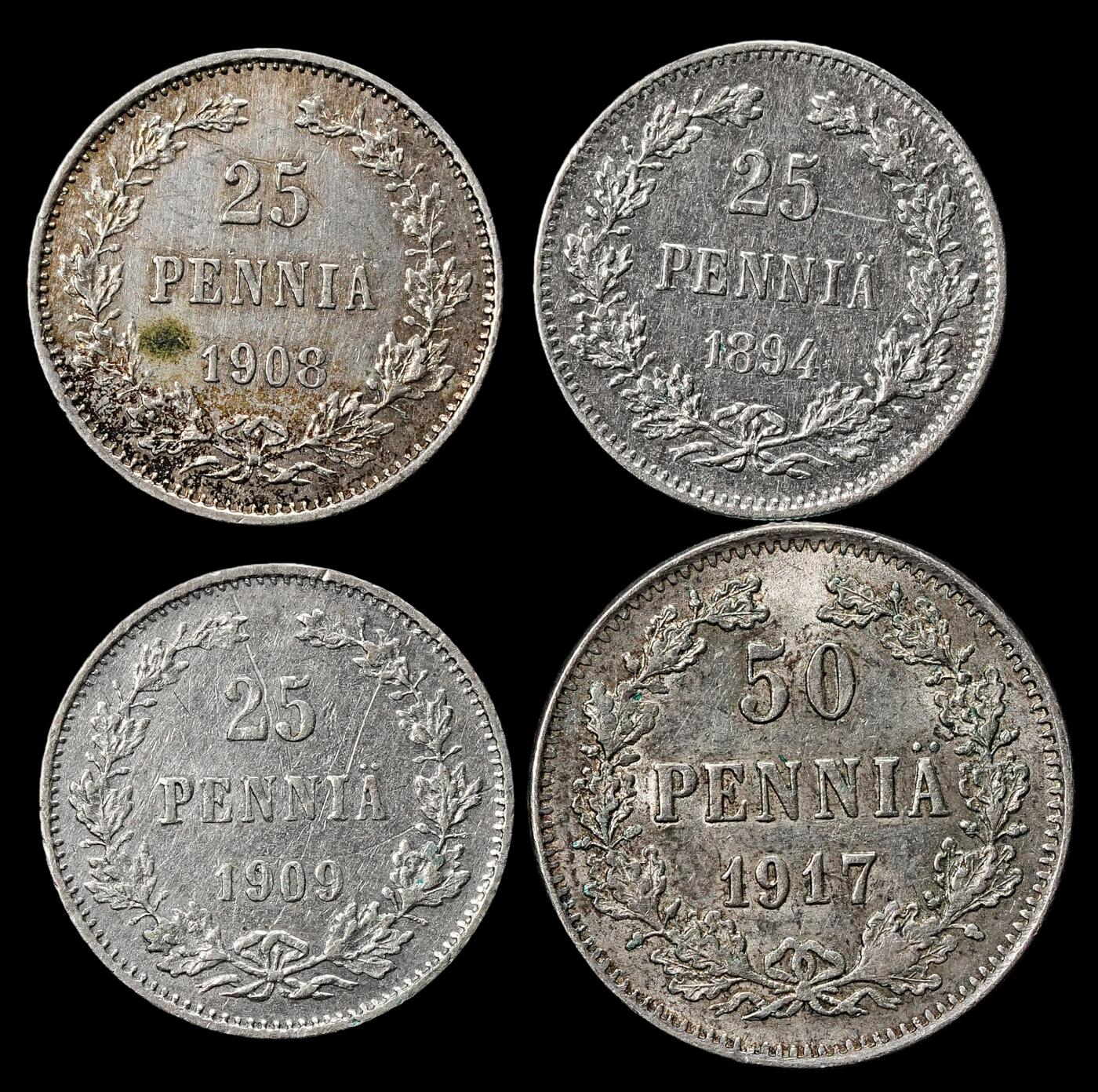 修遠堂世界钱币第九十一期 芬兰小银币4枚 总重6.31g