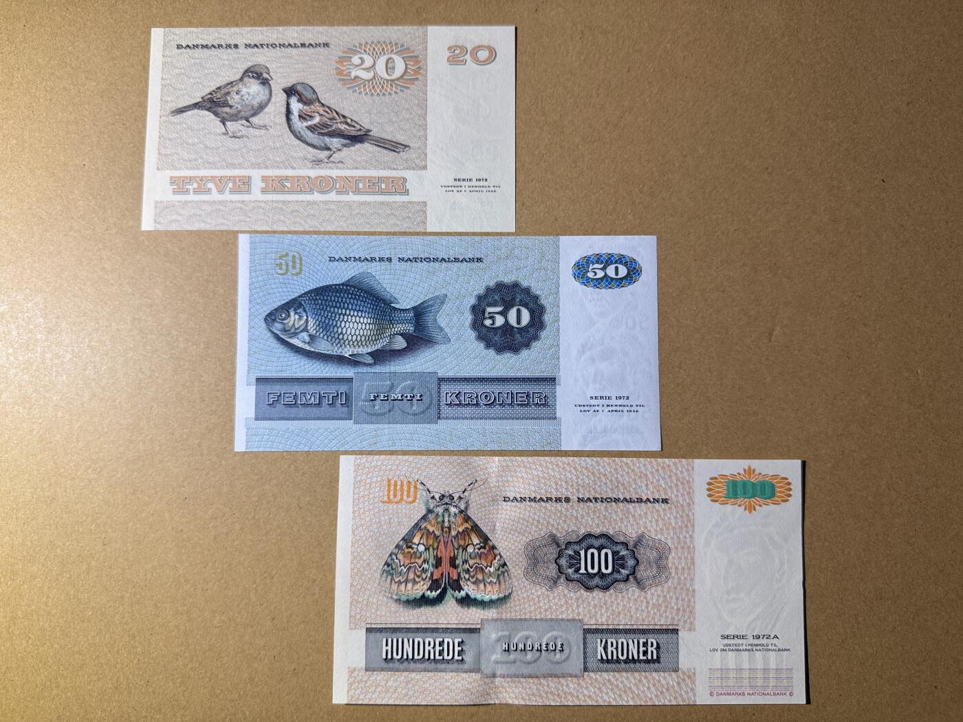 《艾美收藏》第218期-11.2周日外币荟萃 丹麦20、50、100克朗3张 UNC 动物版 原票绝品 全部无4